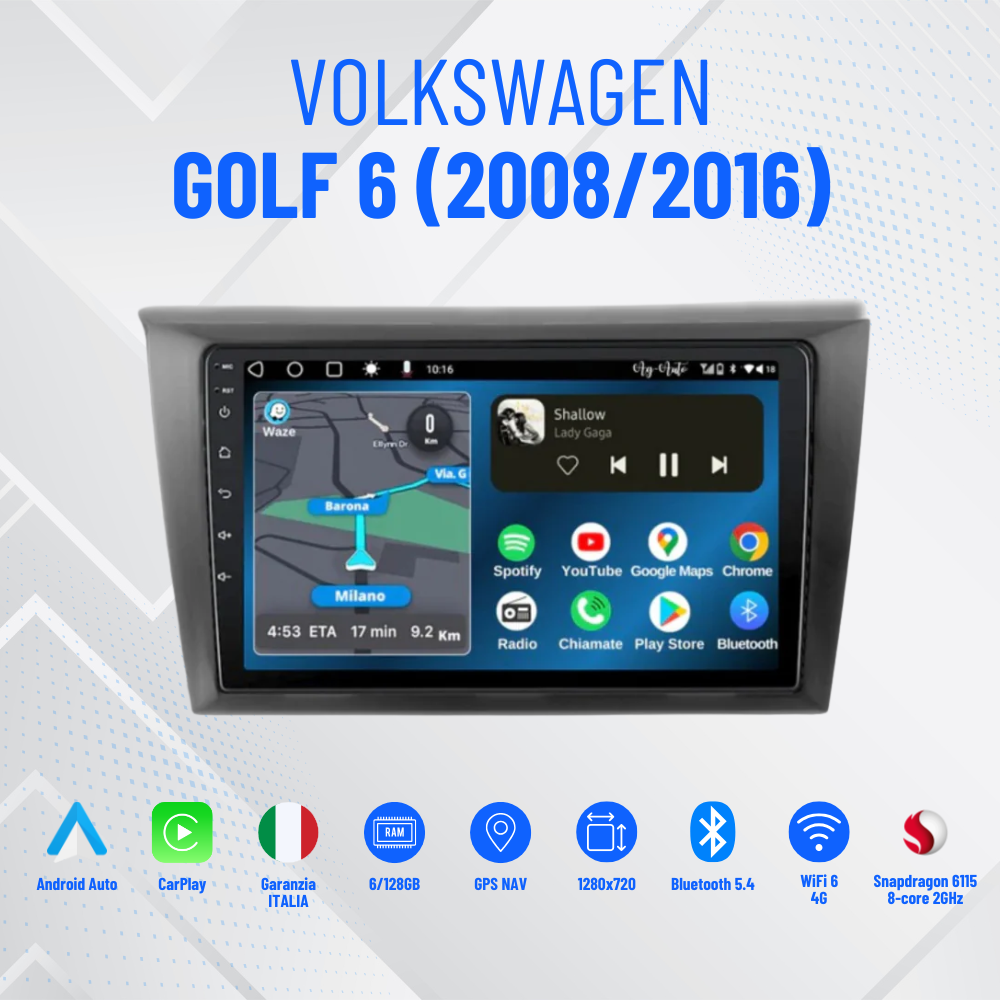 Volkswagen Golf 6 (2008/2016) | 9 pollici - Mascherina Inclusa Autoradio 2 Din Android auto + Carplay / vw Stereo Touch 8/256gb | Navigatore GPS + Bluetooth + Wifi