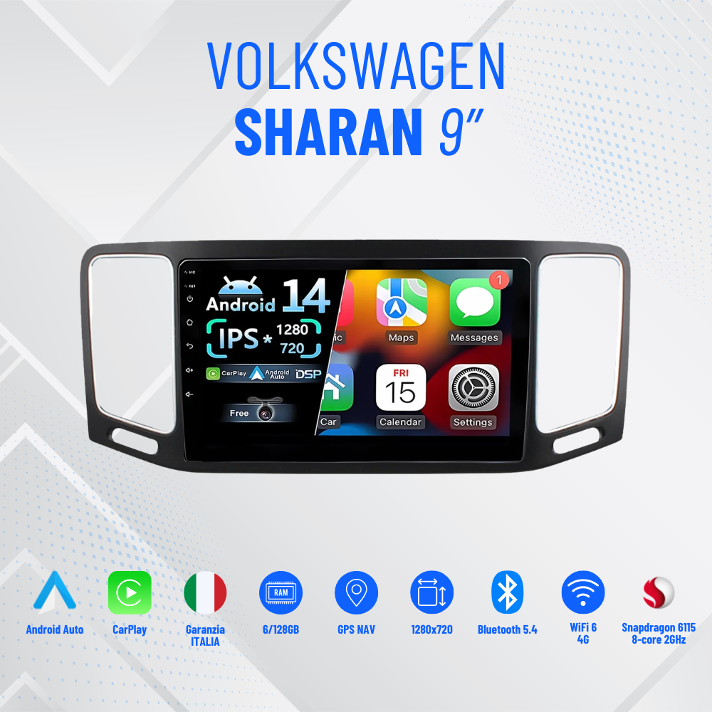 Volswagen sharan 9” Pollici - Mascherina Inclusa - Autoradio 2 Din Android Auto + Carplay / Stereo Touch| Navigatore GPS + Bluetooth + Wifi
