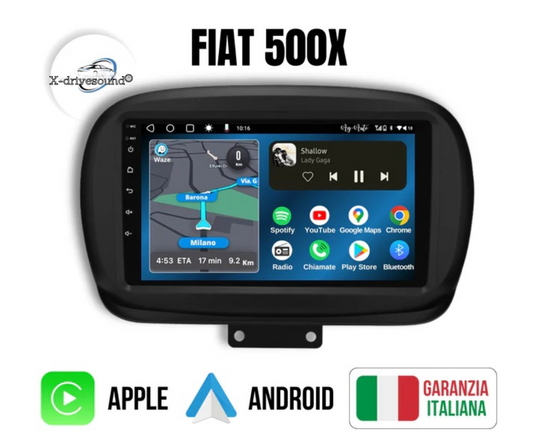 Fiat 500X versione 8-256 GIGA (2014/2020) | 9 pollici - Mascherina Inclusa 2014 - 2020 Autoradio 2 Din Android auto + Carplay / Stereo | USB + Navigatore GPS + Bluetooth + Wifi + USB
