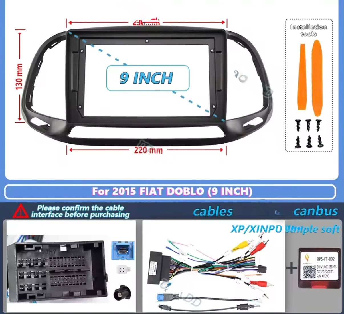 Adattatore Autoradio Cornice Stereo per Fiat Doblò 2015> con Kit Fissaggio - Grigio schermo 9''-Comandi al volante