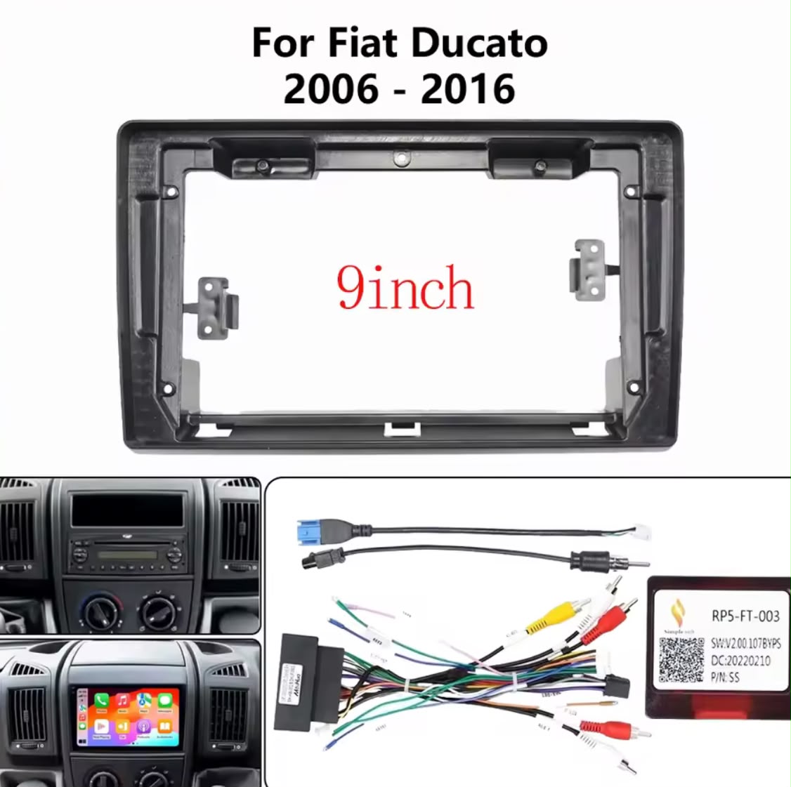 Adattatore Autoradio Cornice Stereo per Fiat Ducato 2006> con Kit Fissaggio - Grigio schermo 9''-Comandi al volante