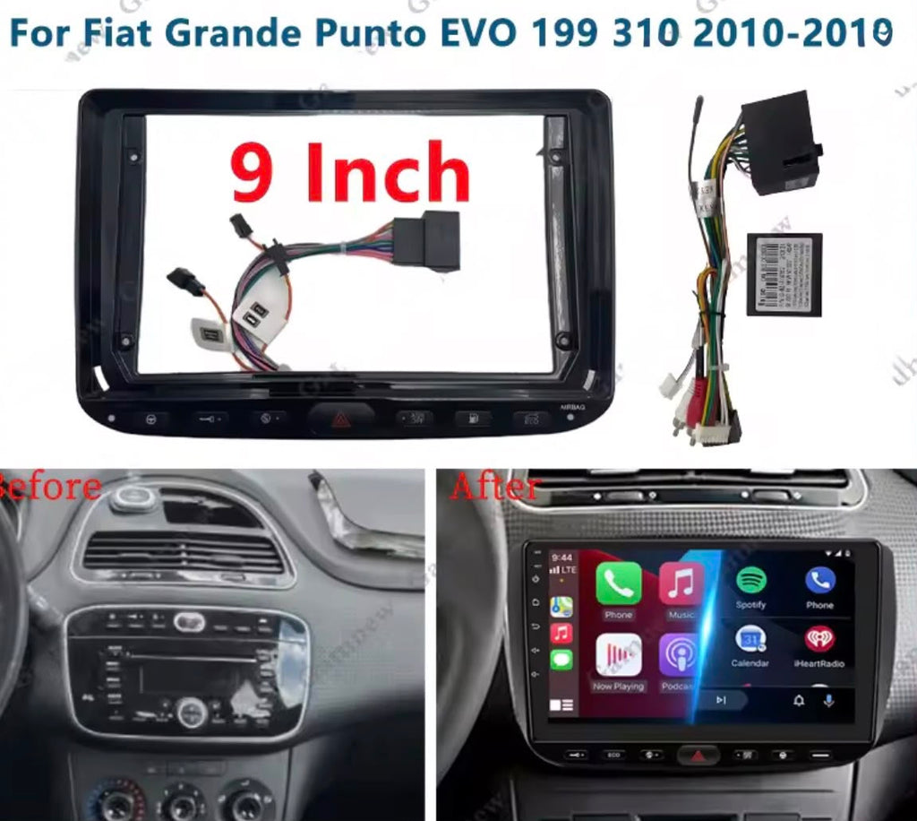 Adattatore Autoradio Cornice Stereo per Fiat punto evo  con Kit Fissaggio - Grigio schermo 9''-Comandi al volante