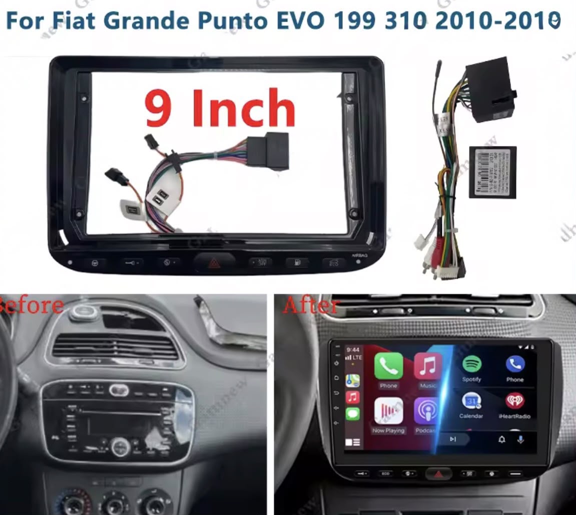 Adattatore Autoradio Cornice Stereo per Fiat punto evo  con Kit Fissaggio - Grigio schermo 9''-Comandi al volante