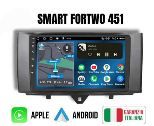 Smart Fortwo 451 (2009/2015) | 9 Pollici 8GB RAM- 256GB ROM- Mascherina inclusa - Autoradio 2 Din Android auto + Carplay / Stereo Touch | Navigatore GPS + Bluetooth + Wifi + MICROFONO ESTERNO