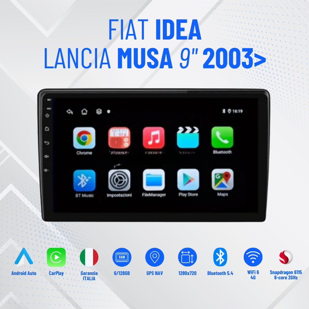 Autoradio   per   Fiat   Idea   |   Lancia   Musa   9"   |   Dal   2003>   |   Android   |   Bluetooth   |   CarPlay   |   Android   Auto   |  4-64GB   Ram