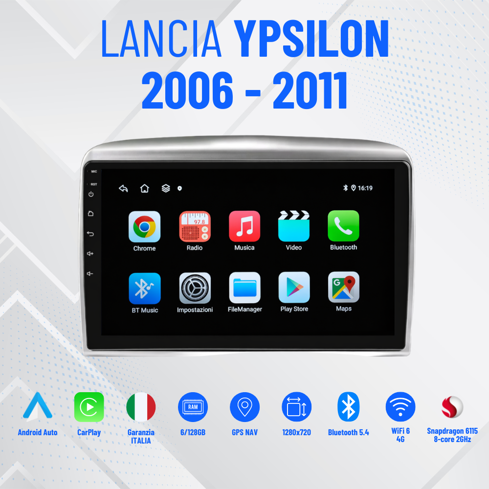 Lancia Ypslon  | 9” Pollici - Mascherina Inclusa - Autoradio 2 Din Android Auto + Carplay / Stereo Touch  | Navigatore GPS + Bluetooth + Wifi