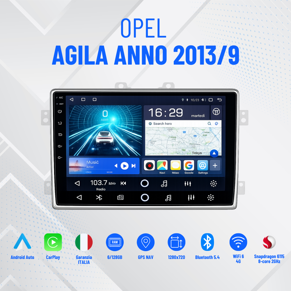 Opel agila anno 2013/9” Pollici - Mascherina Inclusa - Autoradio 2 Din Android Auto + Carplay / Stereo Touch 8/256GB | Navigatore GPS + Bluetooth + Wifi Ventola raffreddamento
