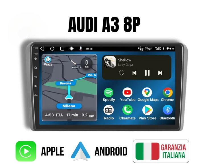 Audi a3 /8p/rs3/Sportback (2003/2013) | 9 pollici - Mascherina Inclusa Autoradio 2 Din Android auto + Carplay / Stereo Touch 8-256GB | Navigatore GPS + Bluetooth + Wifi