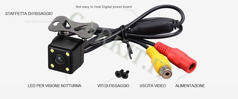 Telecamera posteriore impermeabile a colori con staffa inclusa.